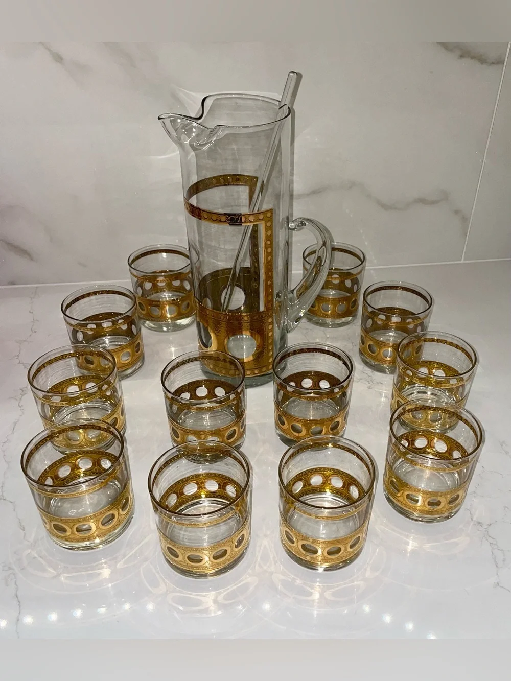 Vintage Culver Antigua Martini Pitcher and Glasses Antique Gold Crackle 13 Piece
